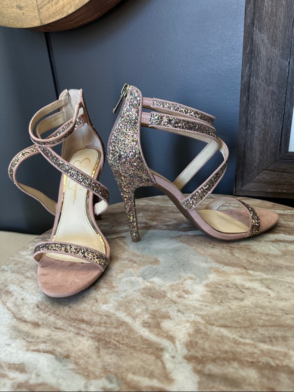 Jessica Simpson Rose Gold Glitter Strappy High Heels